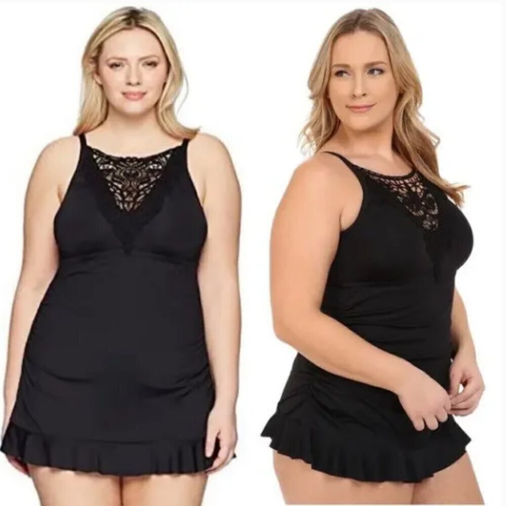 NWT BECCA Venise High Neck Black Crochet One Piece Swim Dress Size 0X 14/16